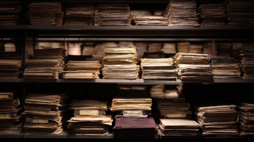 Stacks of archived documents on dark shelves