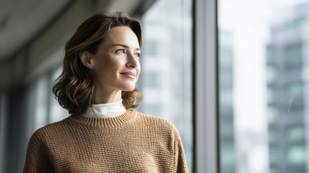 Professional woman in a knit sweater looking thoughtfully across a bright office
