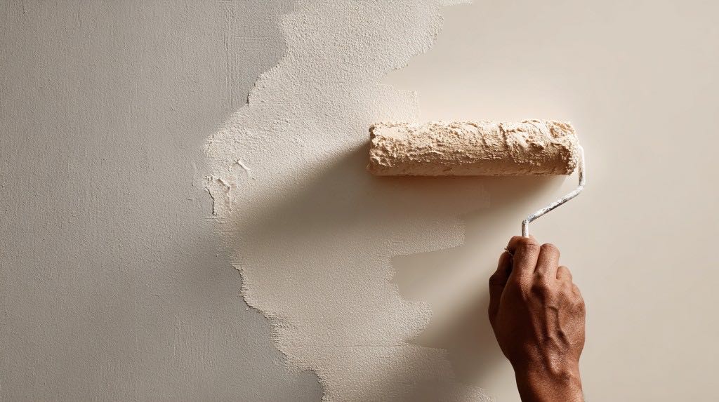 Hand rolling fresh beige paint over a light grey wall