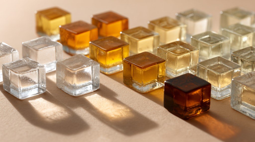 Clear and amber glass cubes casting long shadows on a sand-colored surface