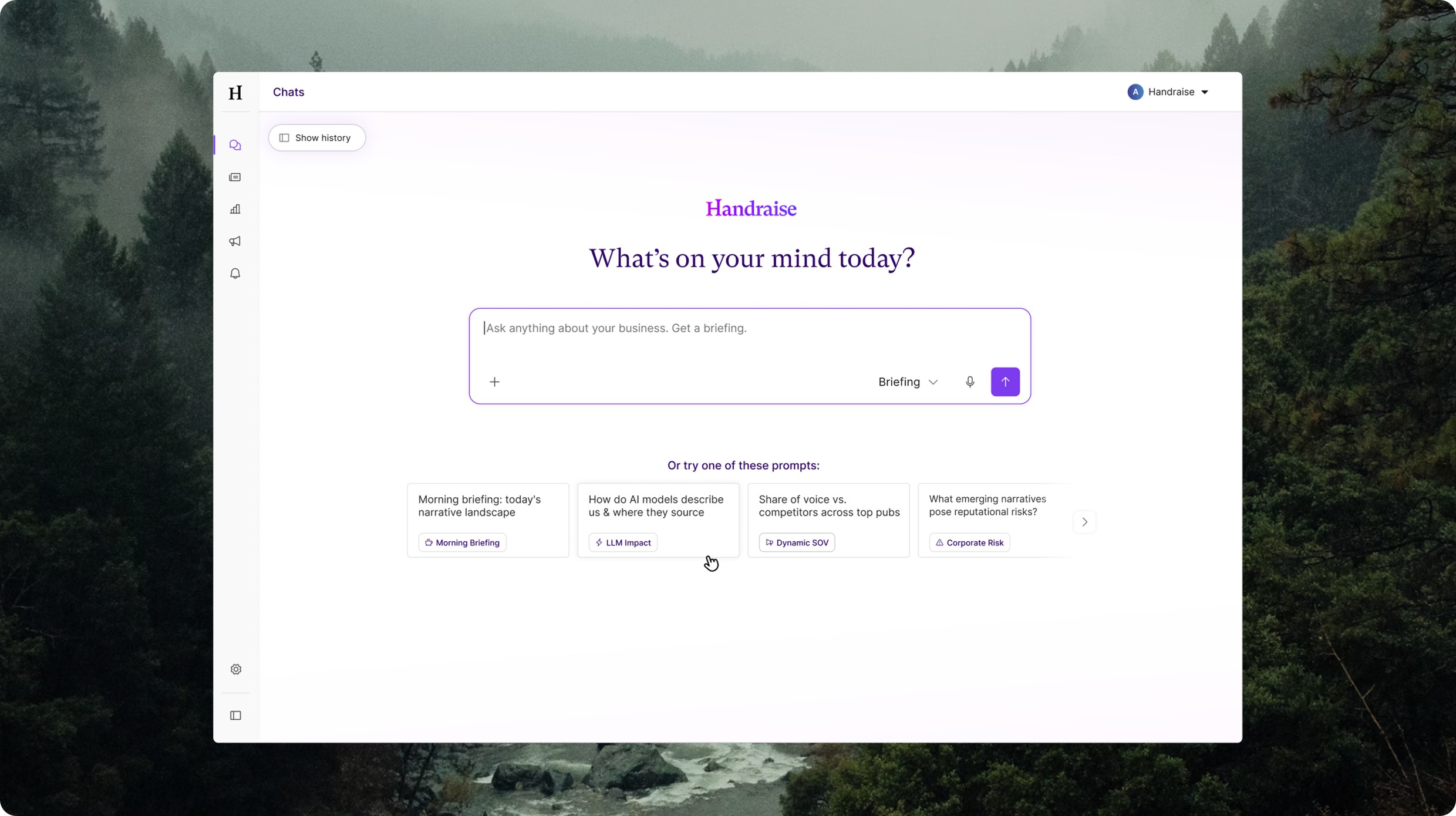 Handraise product interface over a misty forest river valley