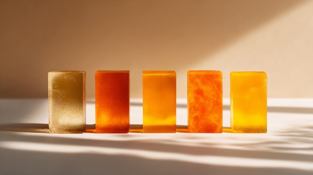 Five translucent amber glass blocks in a row under warm light