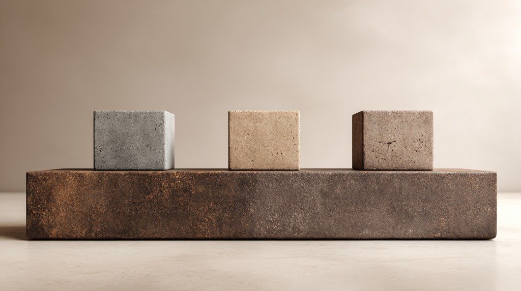 Three stone cubes of different shades resting on a wide dark pedestal